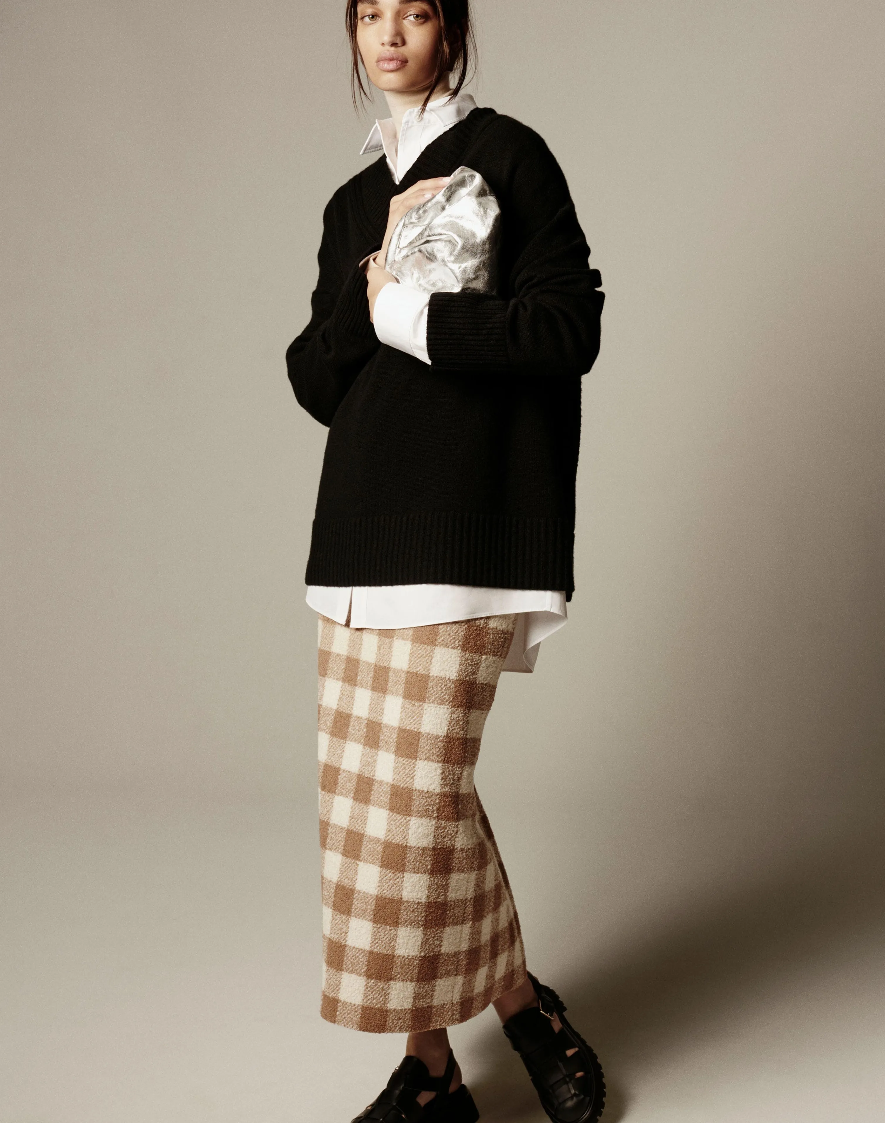 Gingham Wool Maxi Pencil Skirt