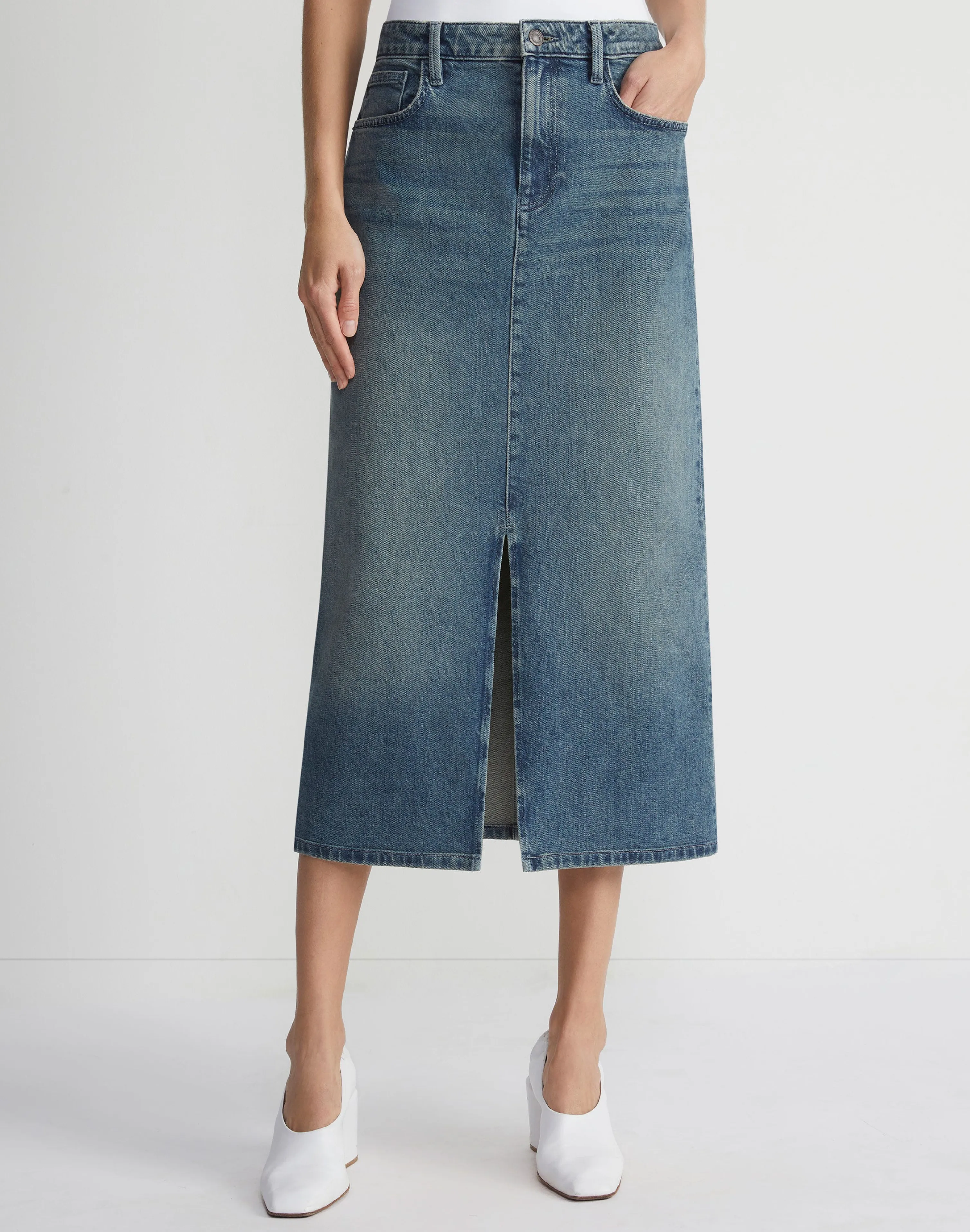 L148 Denim Slit Front Midi Skirt
