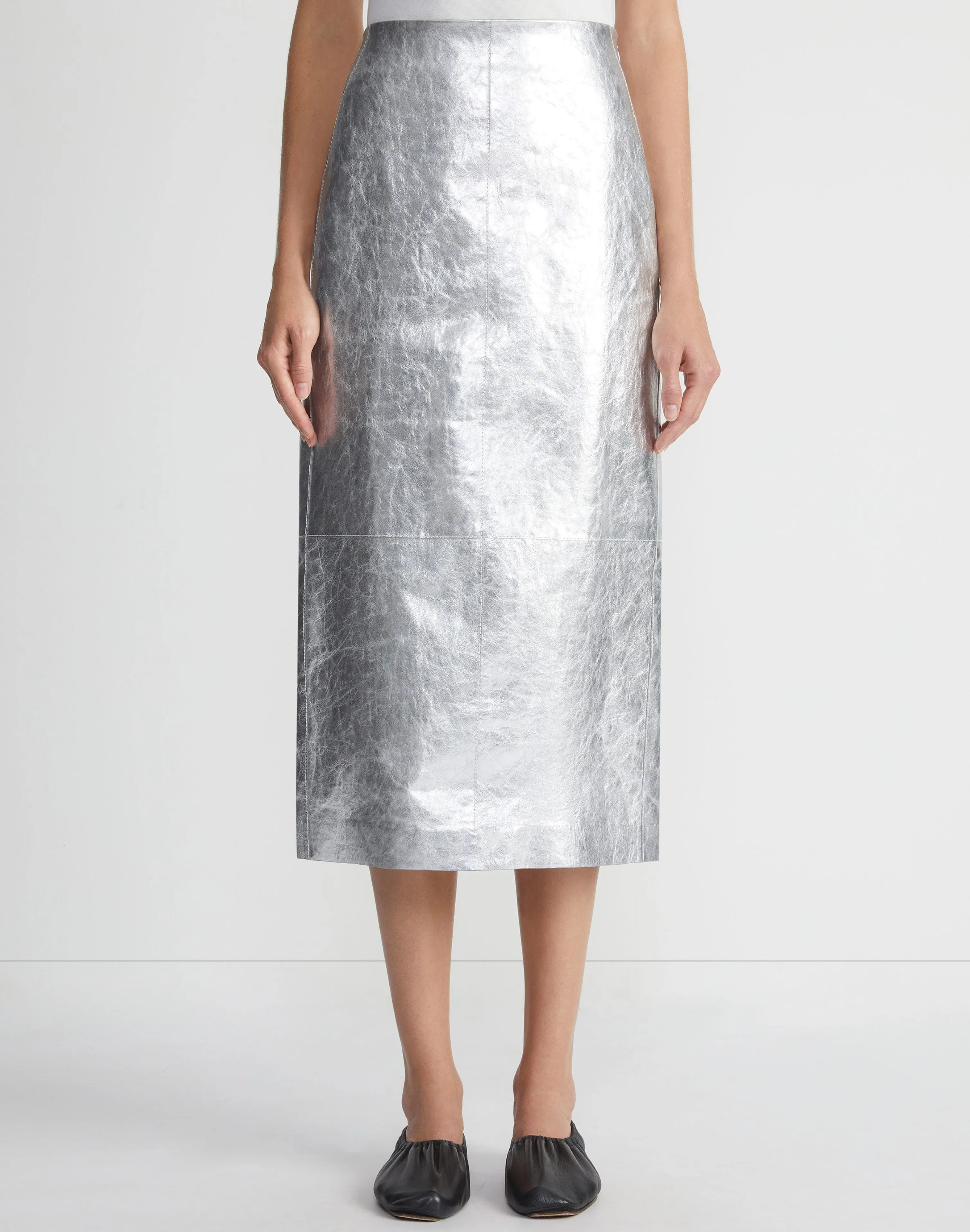 Metallic Crinkle Leather Pencil Skirt