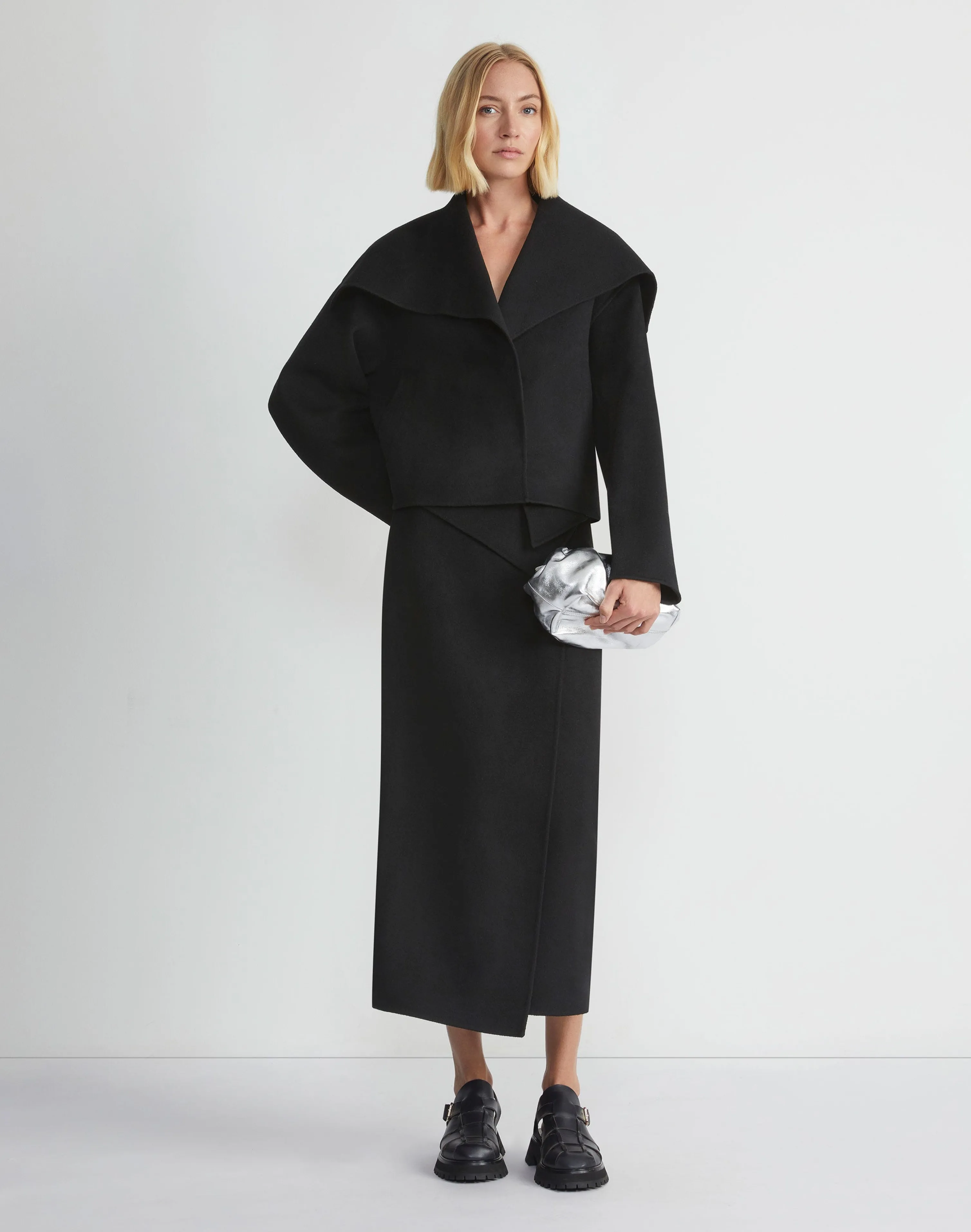 Double Face Wool-Cashmere Foldover Midi Skirt