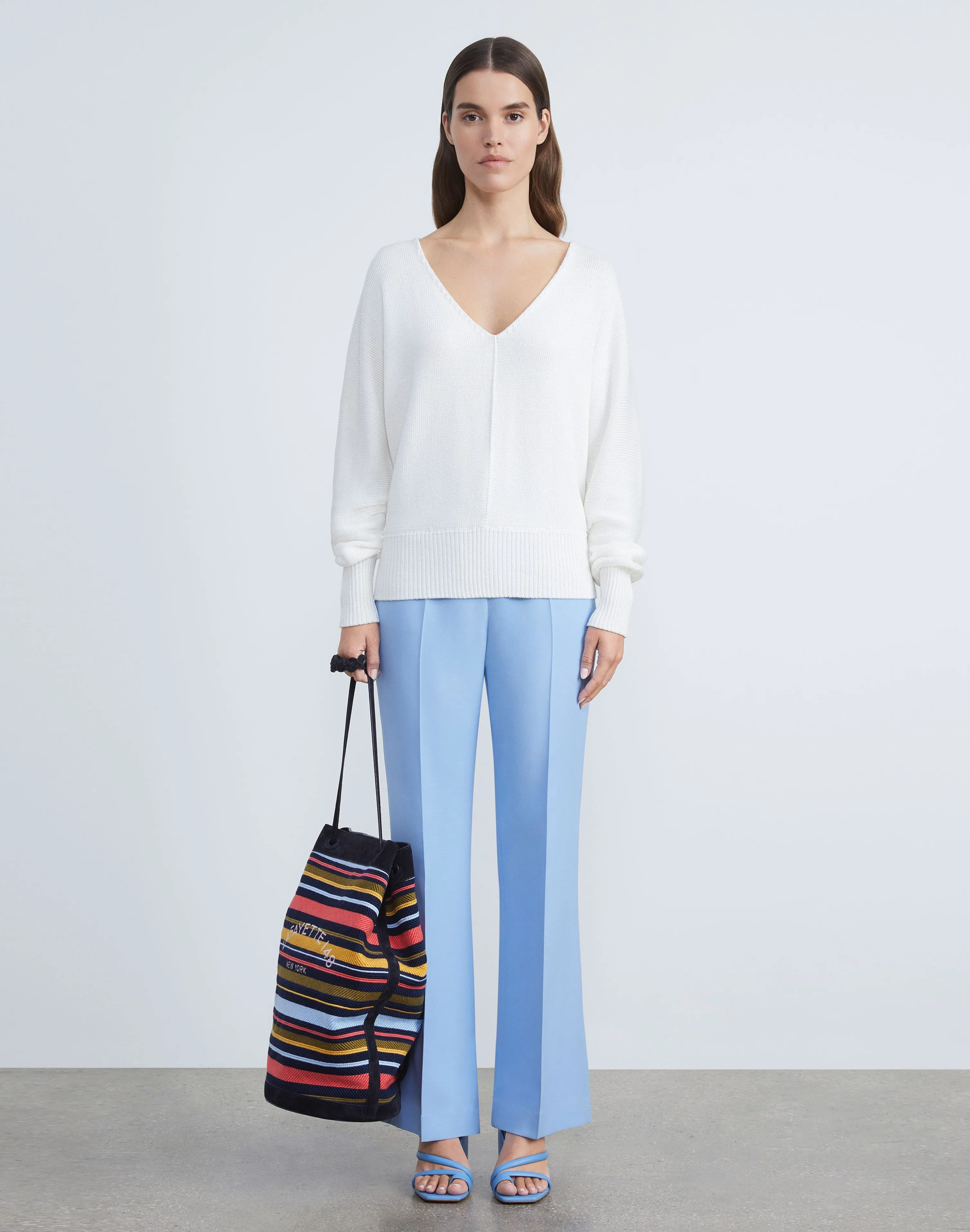 Cotton-Silk Tape Wide V-Neck Dolman Sweater