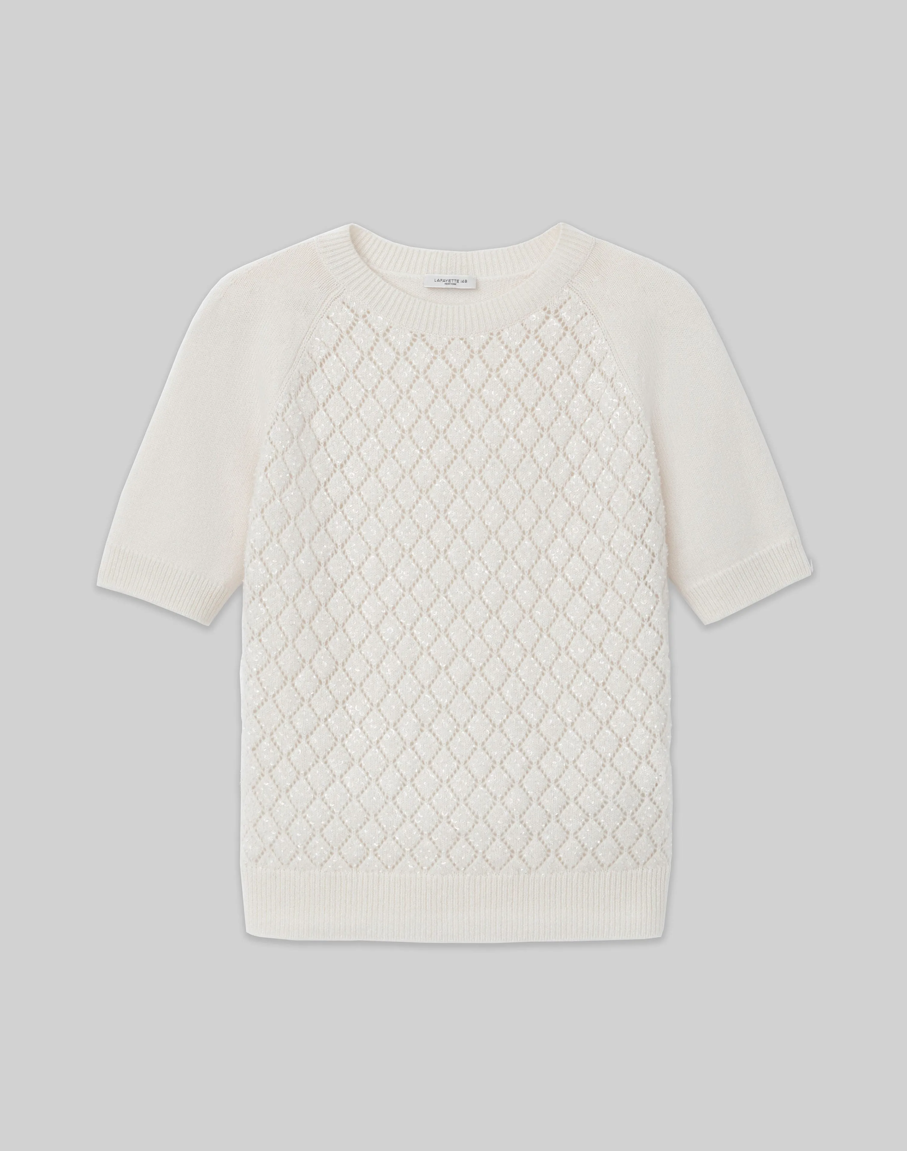 Hand-Embellished Cashmere Lace Stitch Short Sleeve Sweater