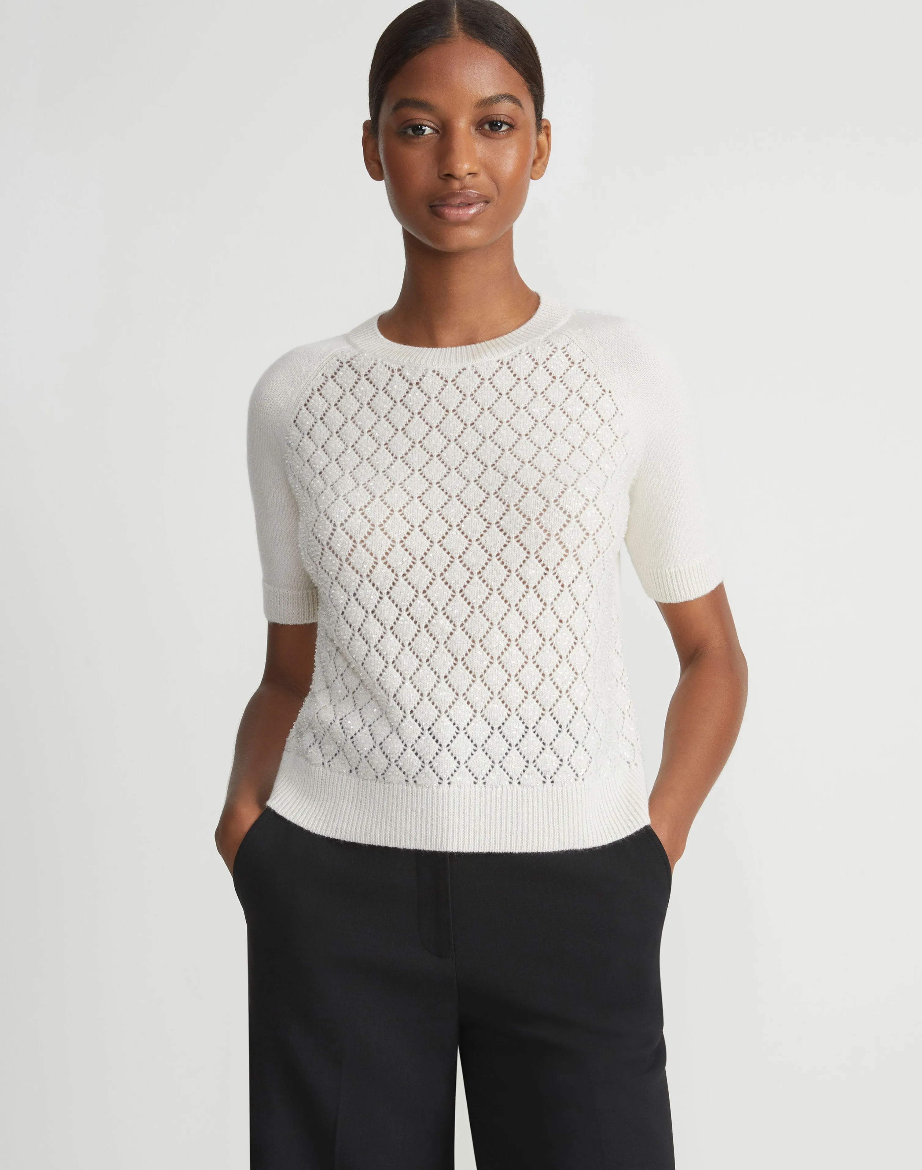 Hand-Embellished Cashmere Lace Stitch Short Sleeve Sweater