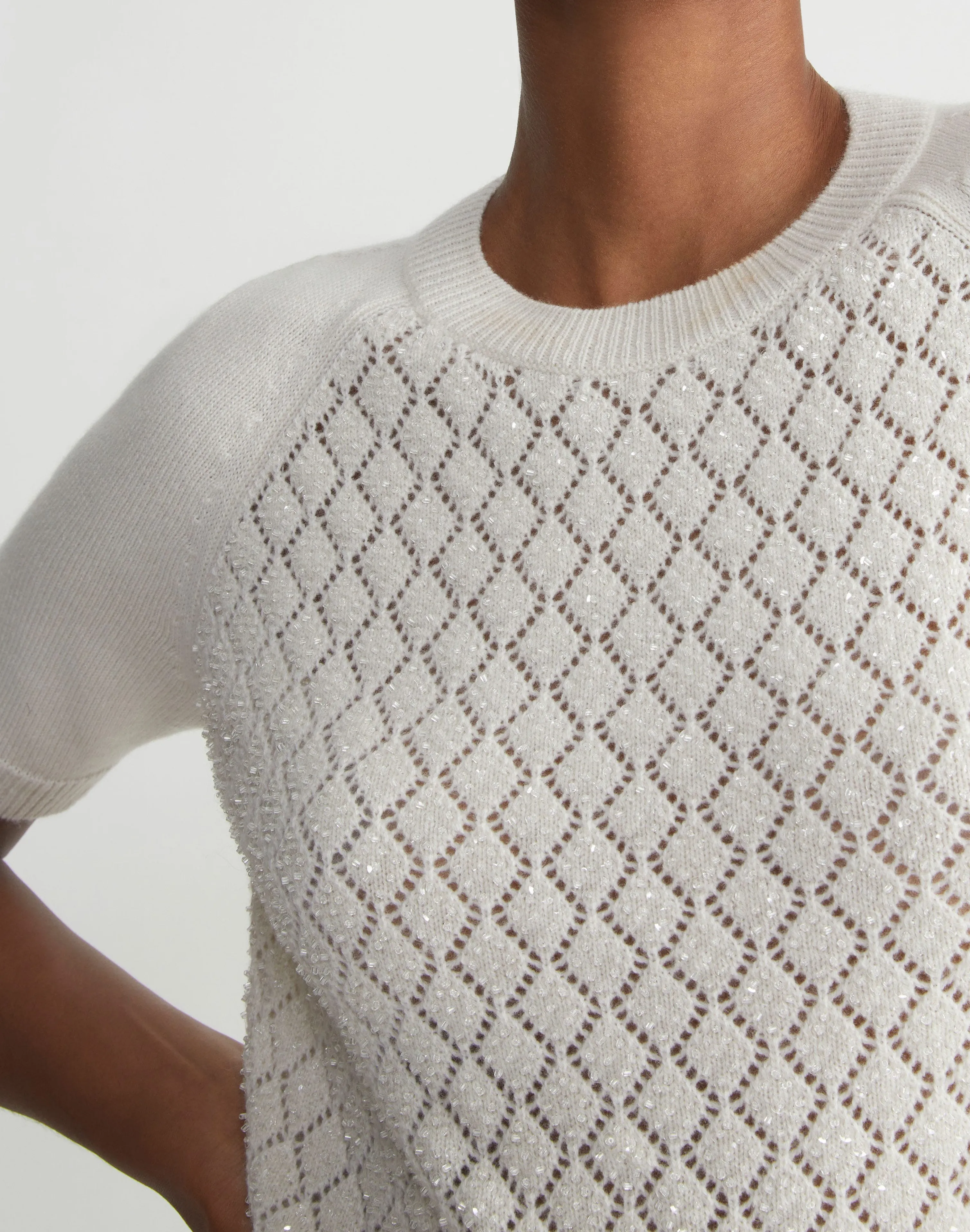 Hand-Embellished Cashmere Lace Stitch Short Sleeve Sweater