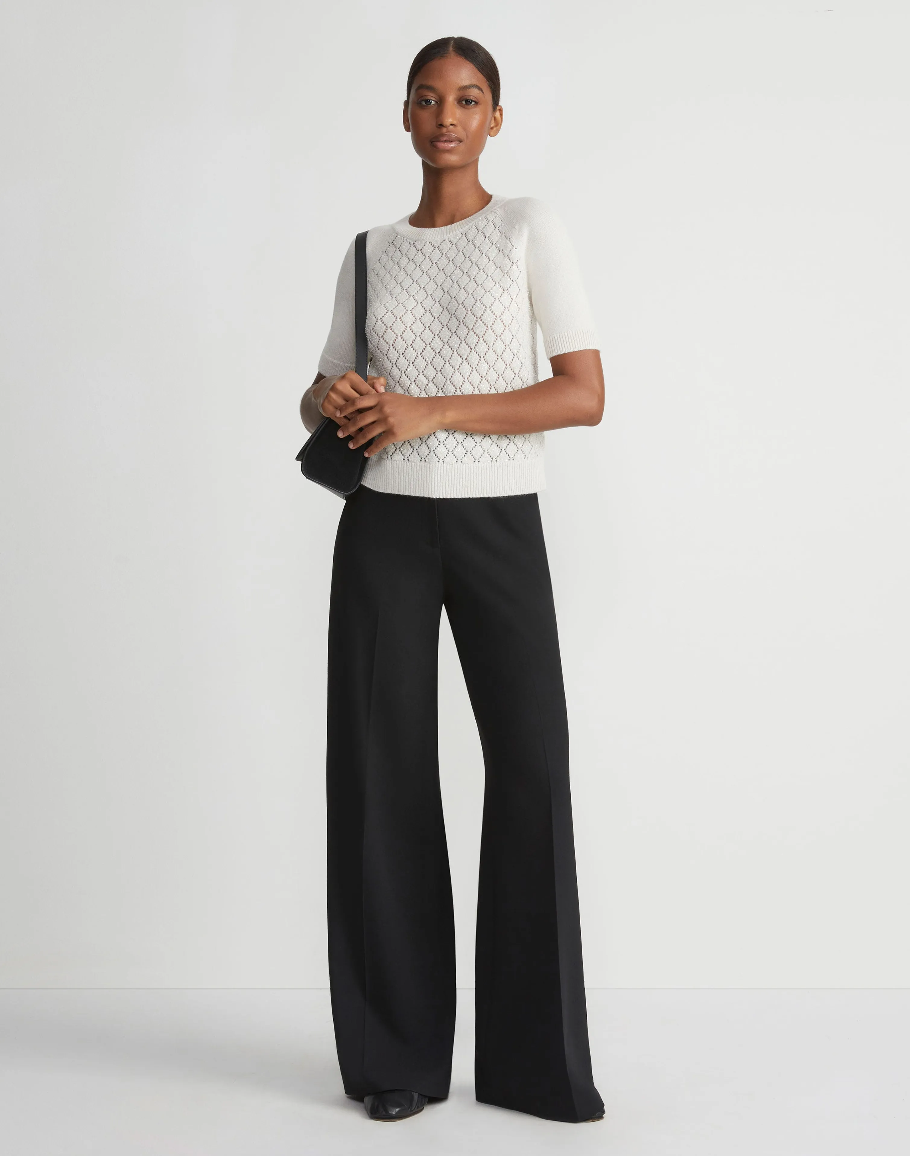 Hand-Embellished Cashmere Lace Stitch Short Sleeve Sweater