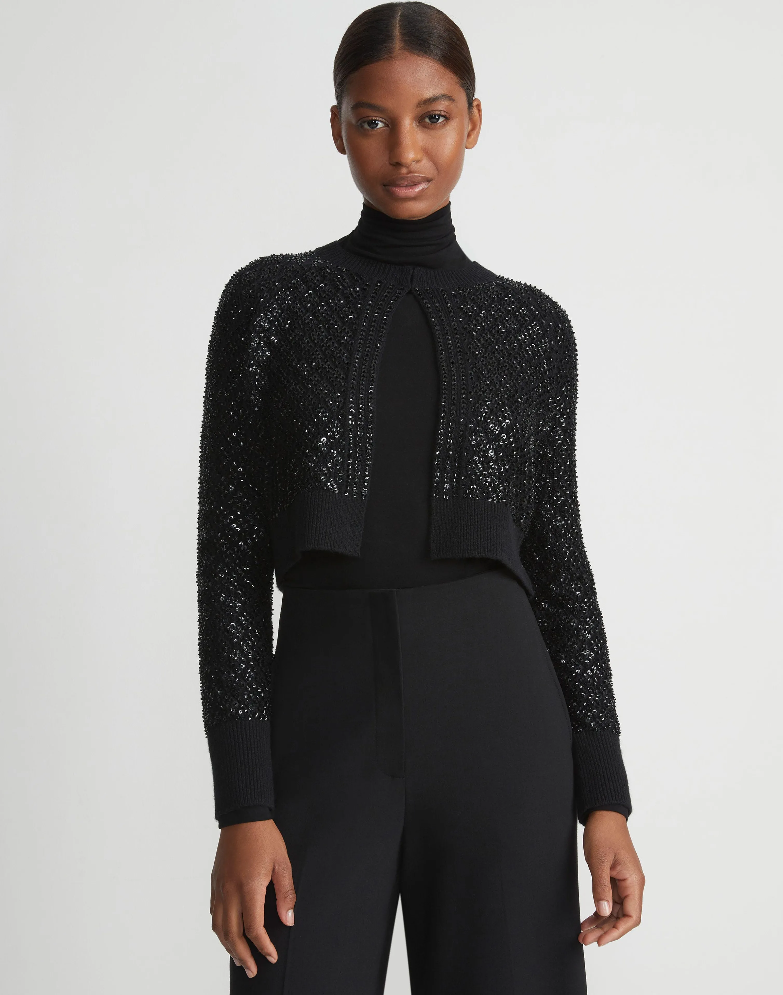 Hand-Embellished Cashmere Lace Stitch Cropped Cardigan