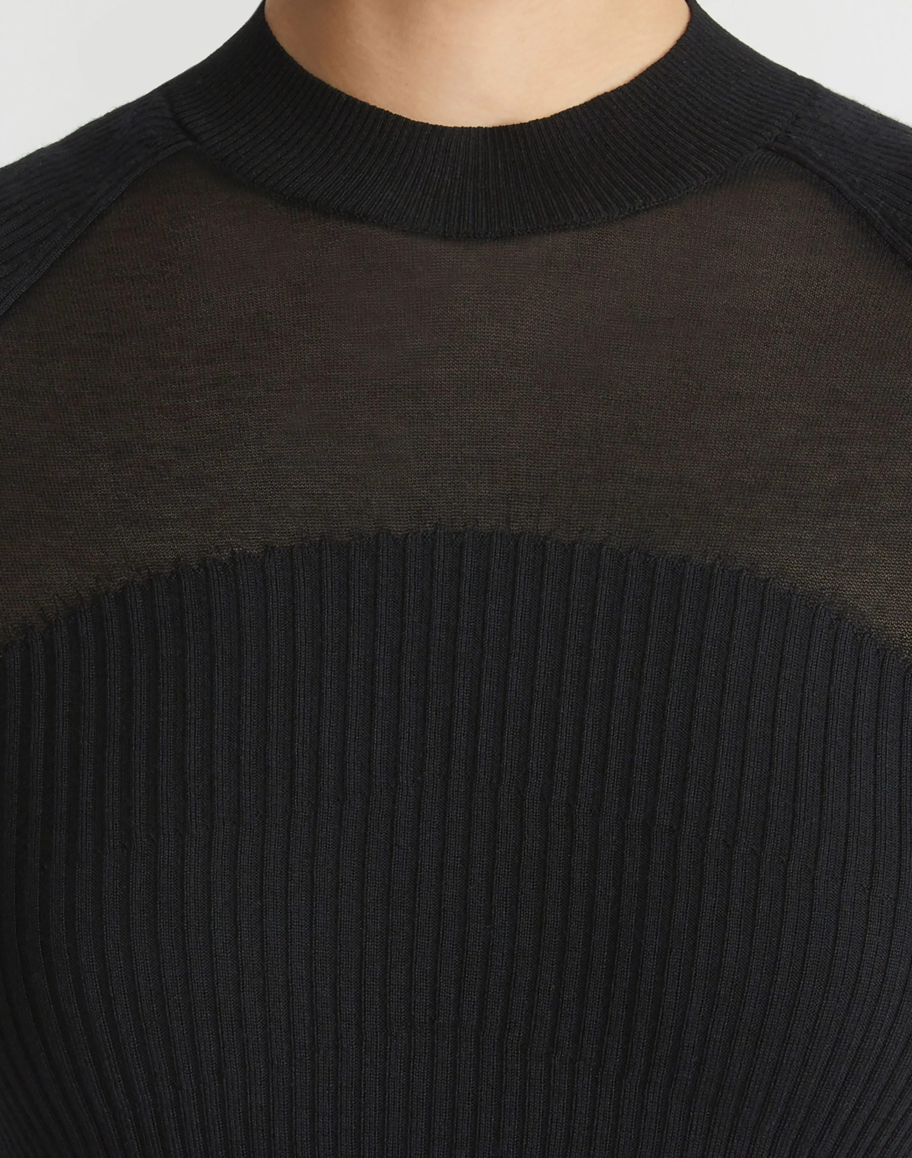 Merino-Silk Ribbed Sheer Yoke Sweater