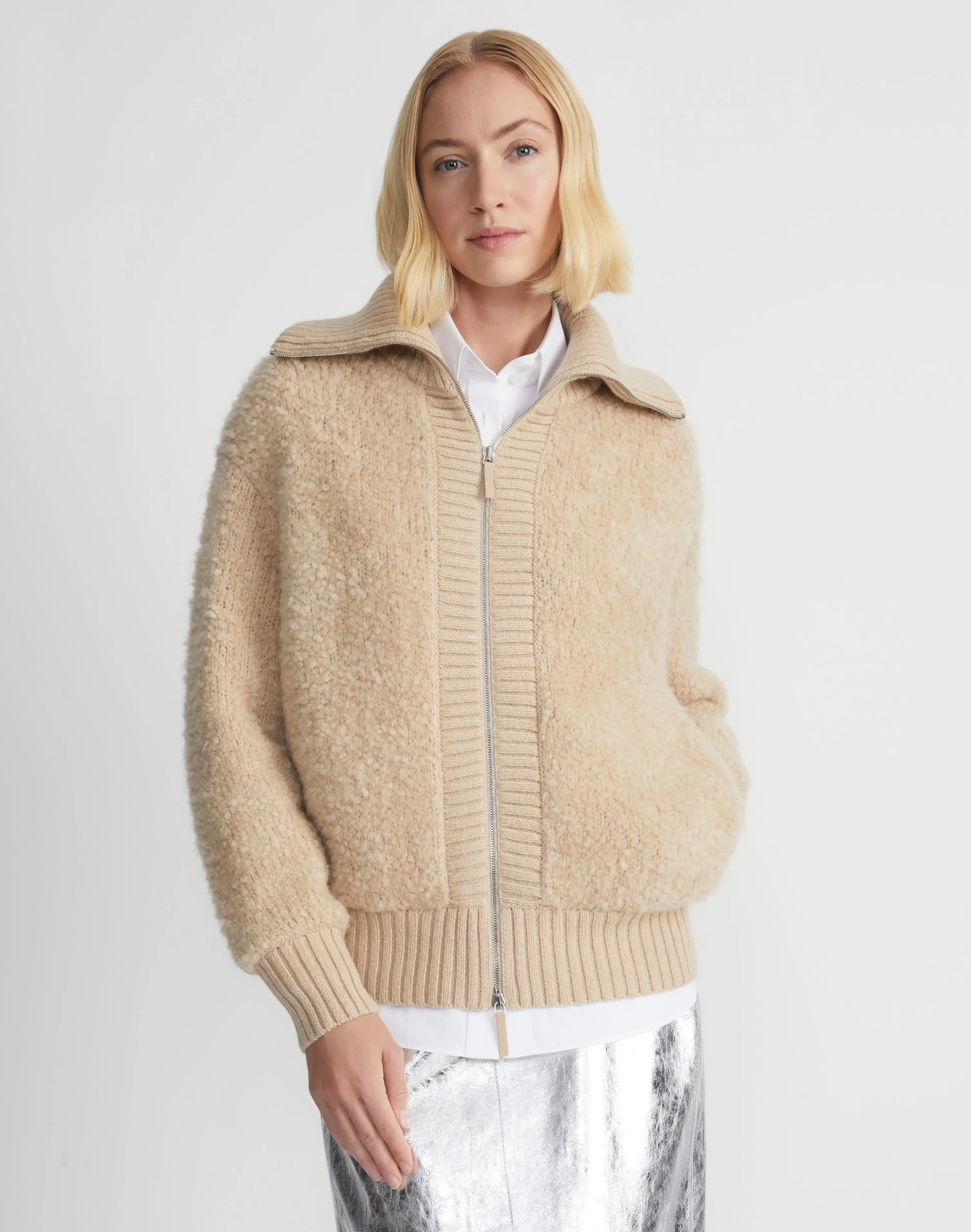 Camel Hair-Silk Bouclé Collared Cardigan