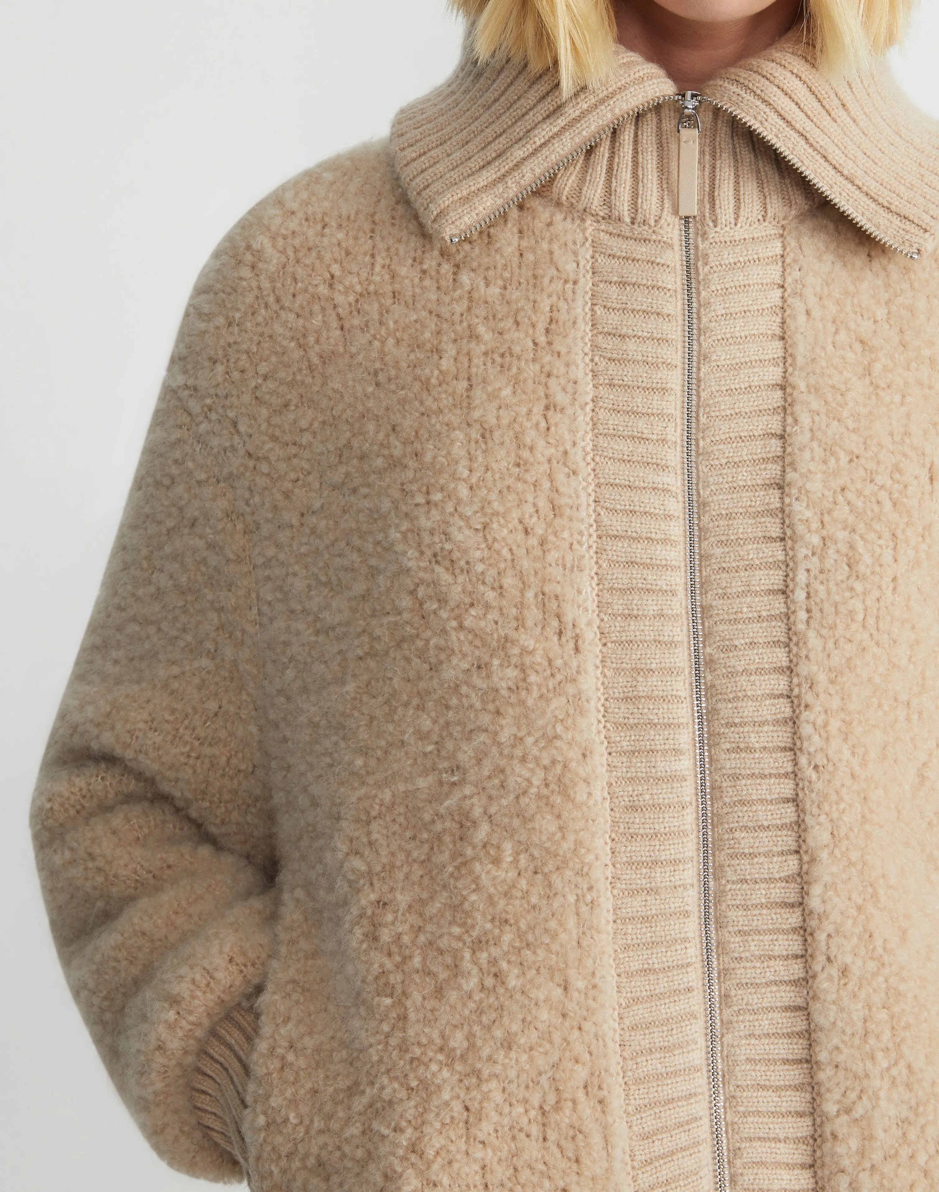Camel Hair-Silk Bouclé Collared Cardigan