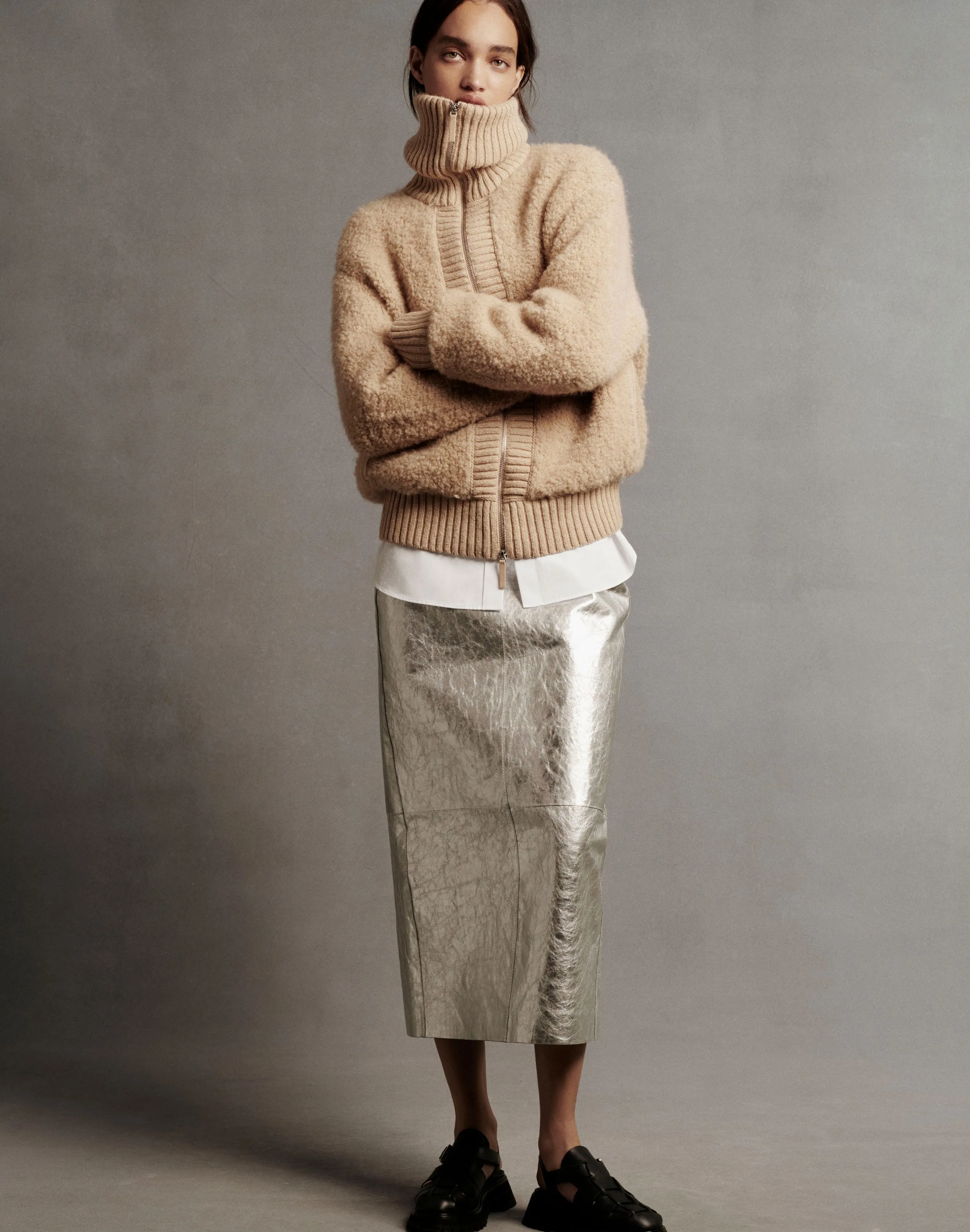 Camel Hair-Silk Bouclé Collared Cardigan