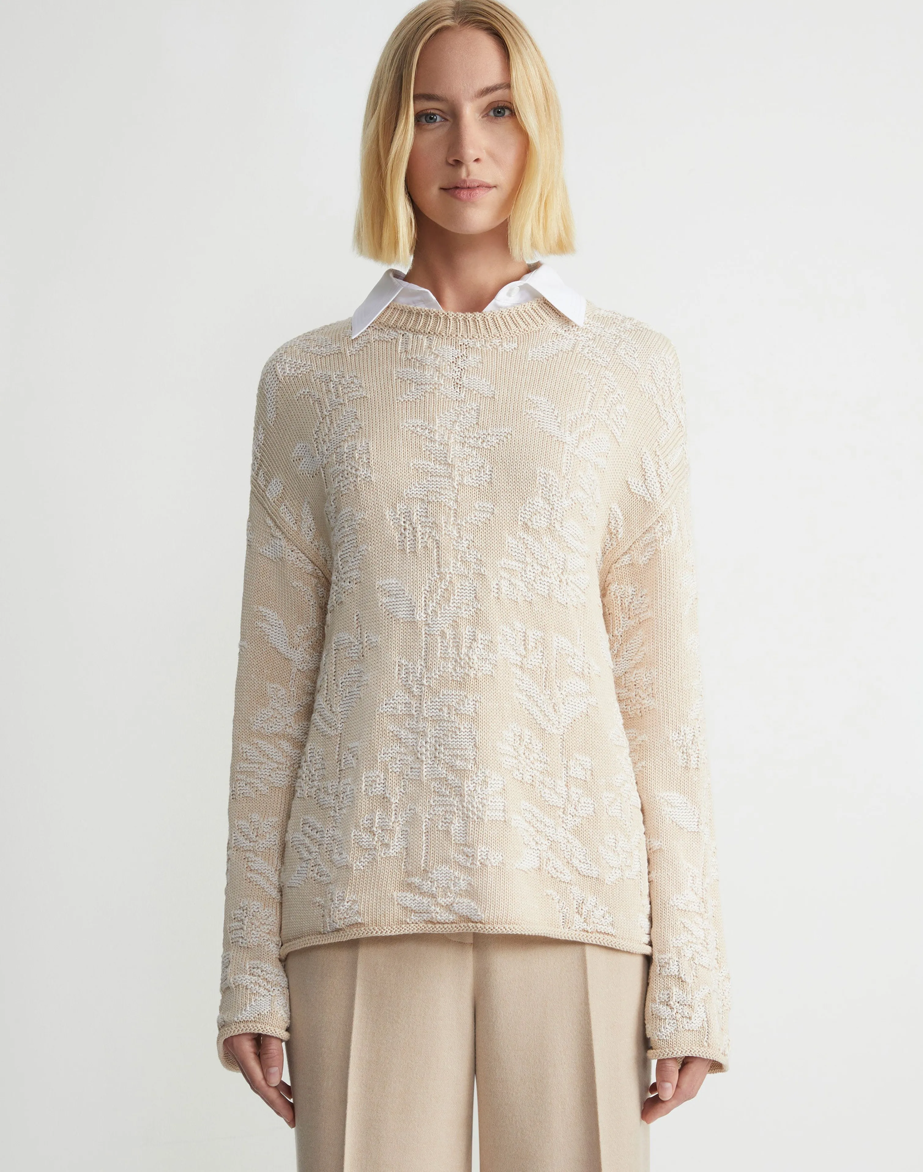 Flora Bloom Cotton-Silk Tape Textured Stitch Sweater
