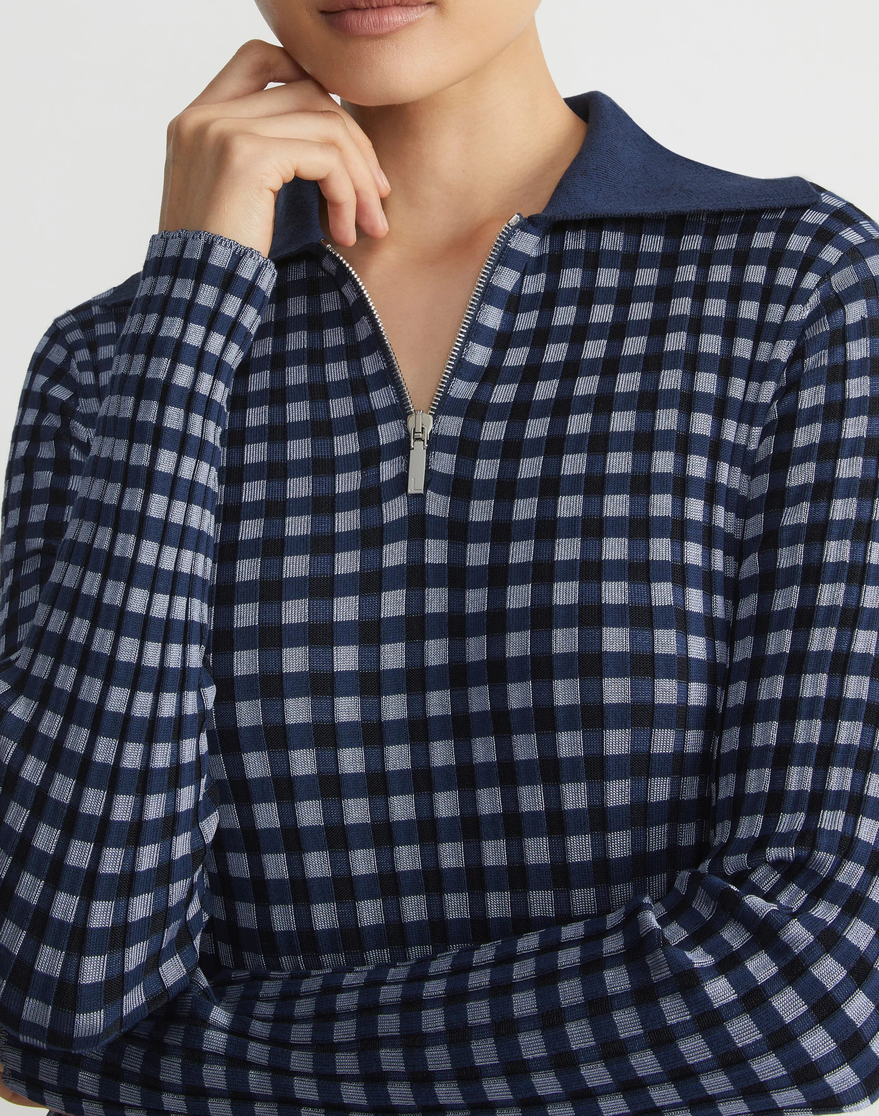 Gingham Responsible Matte Crepe Collared Half-Zip Dress