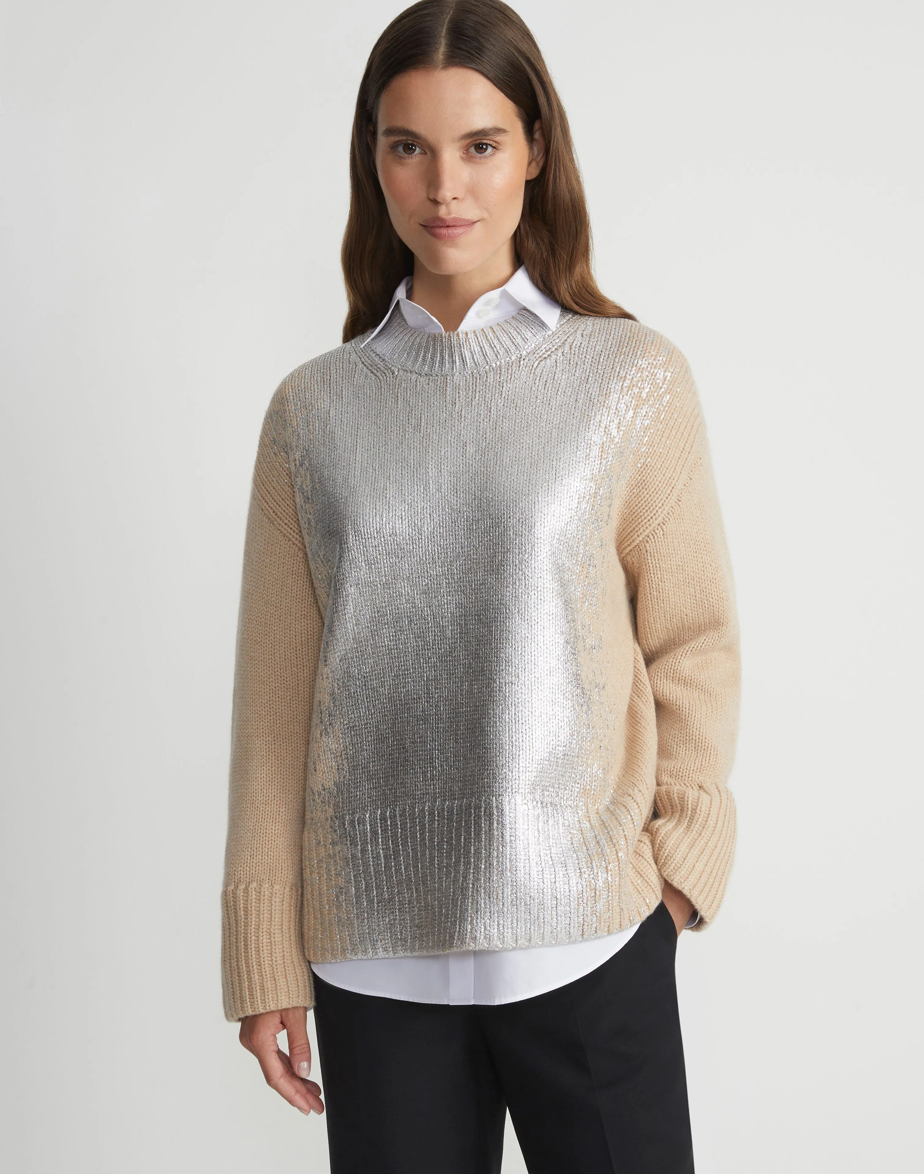 Metallic Foil Print Cashmere Crewneck Sweater