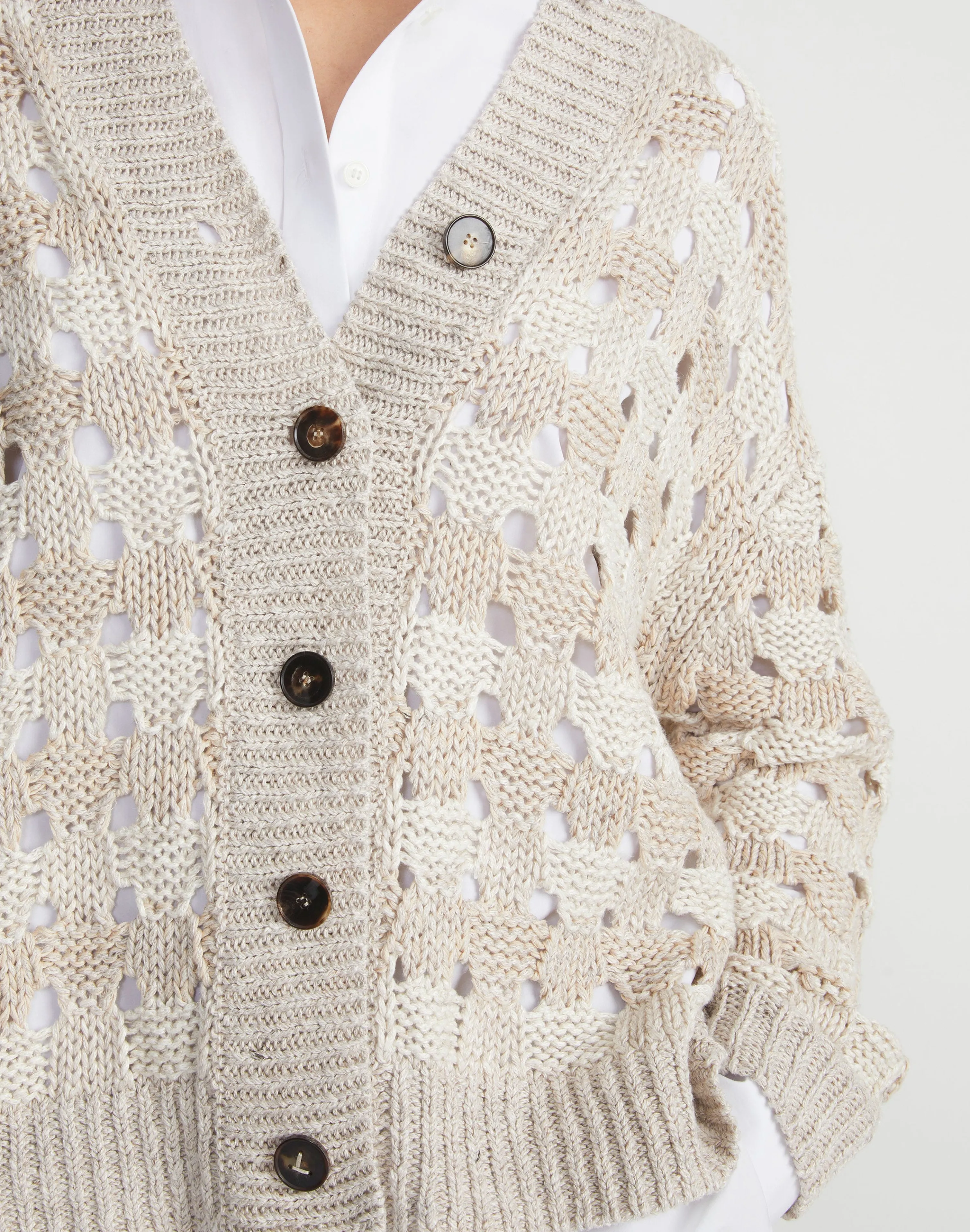 Gingham Sustainable Linen-Silk Chainette Open Stitch Cardigan