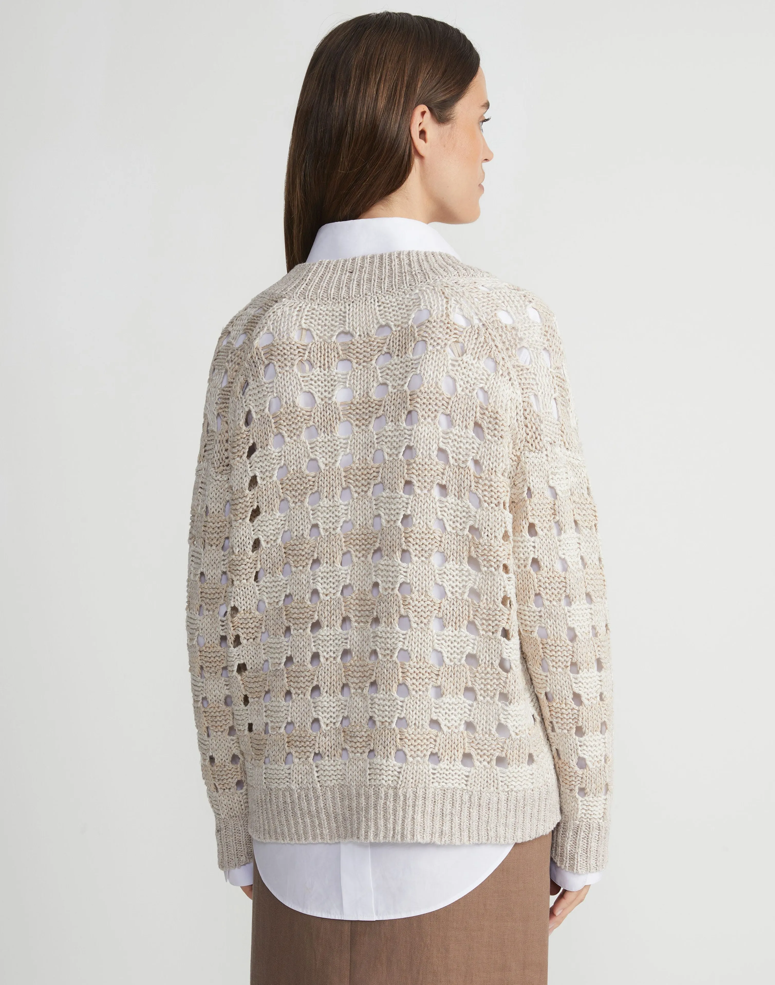 Gingham Sustainable Linen-Silk Chainette Open Stitch Cardigan