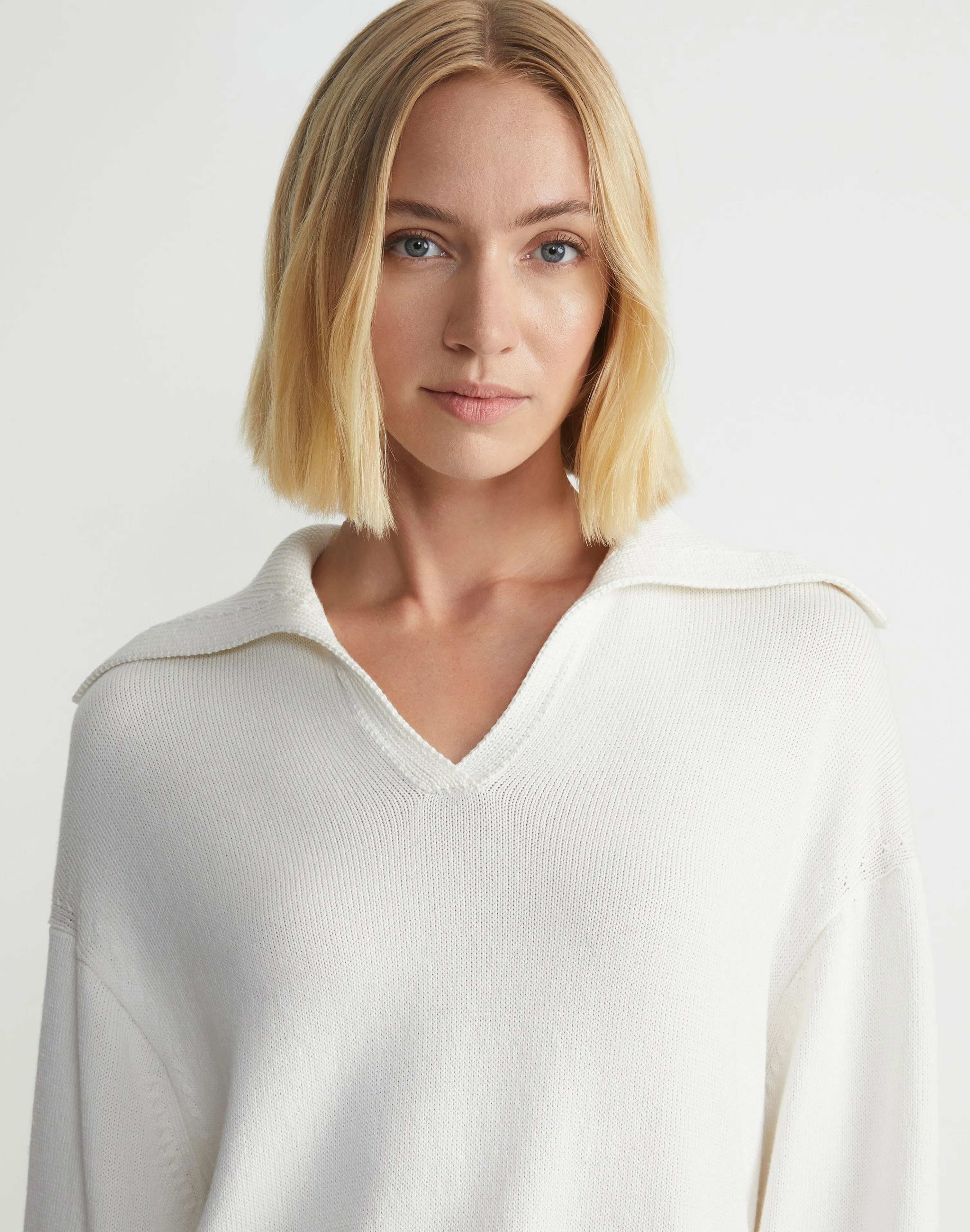 Cotton-Silk Tape Collared Sweater