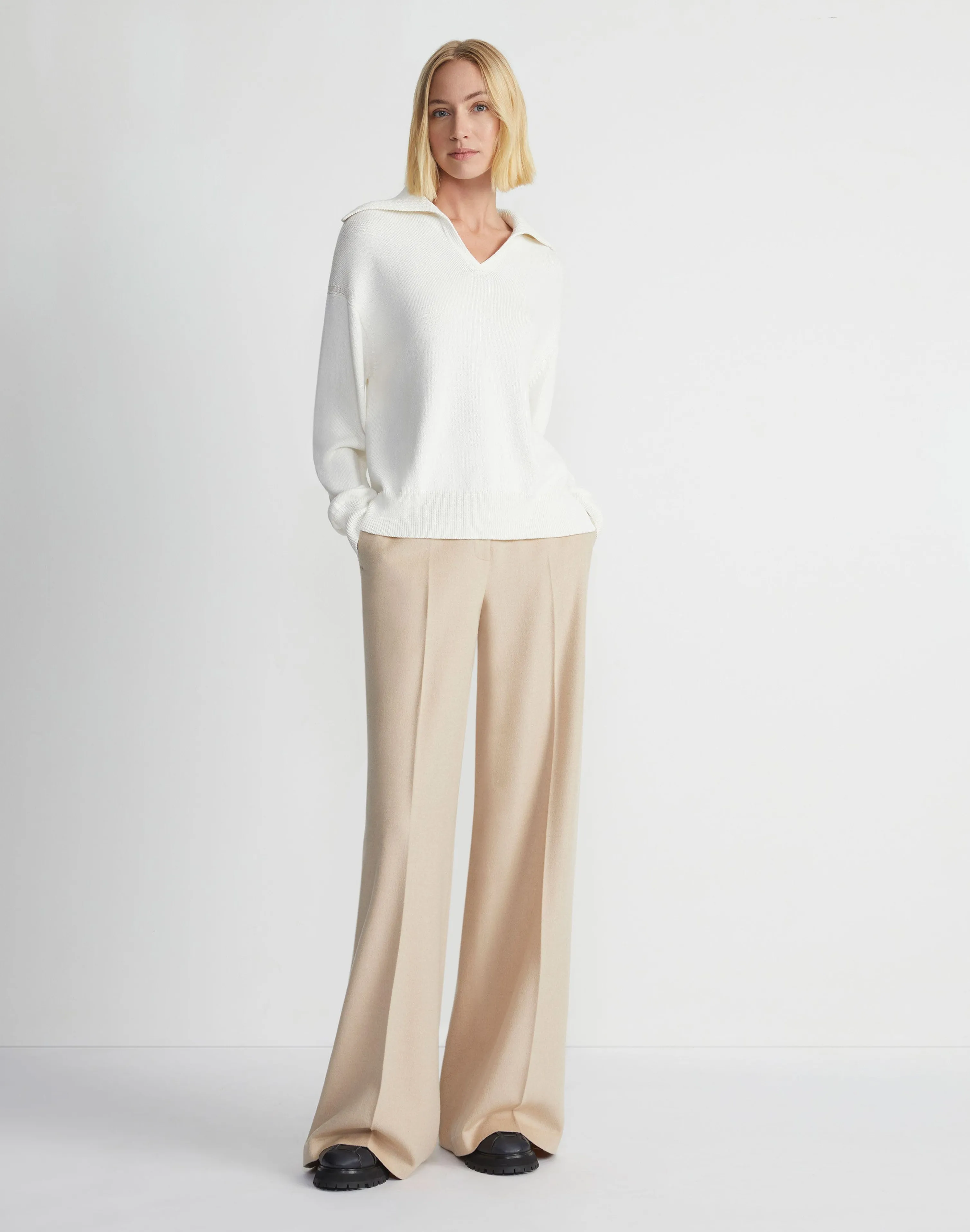 Cotton-Silk Tape Collared Sweater