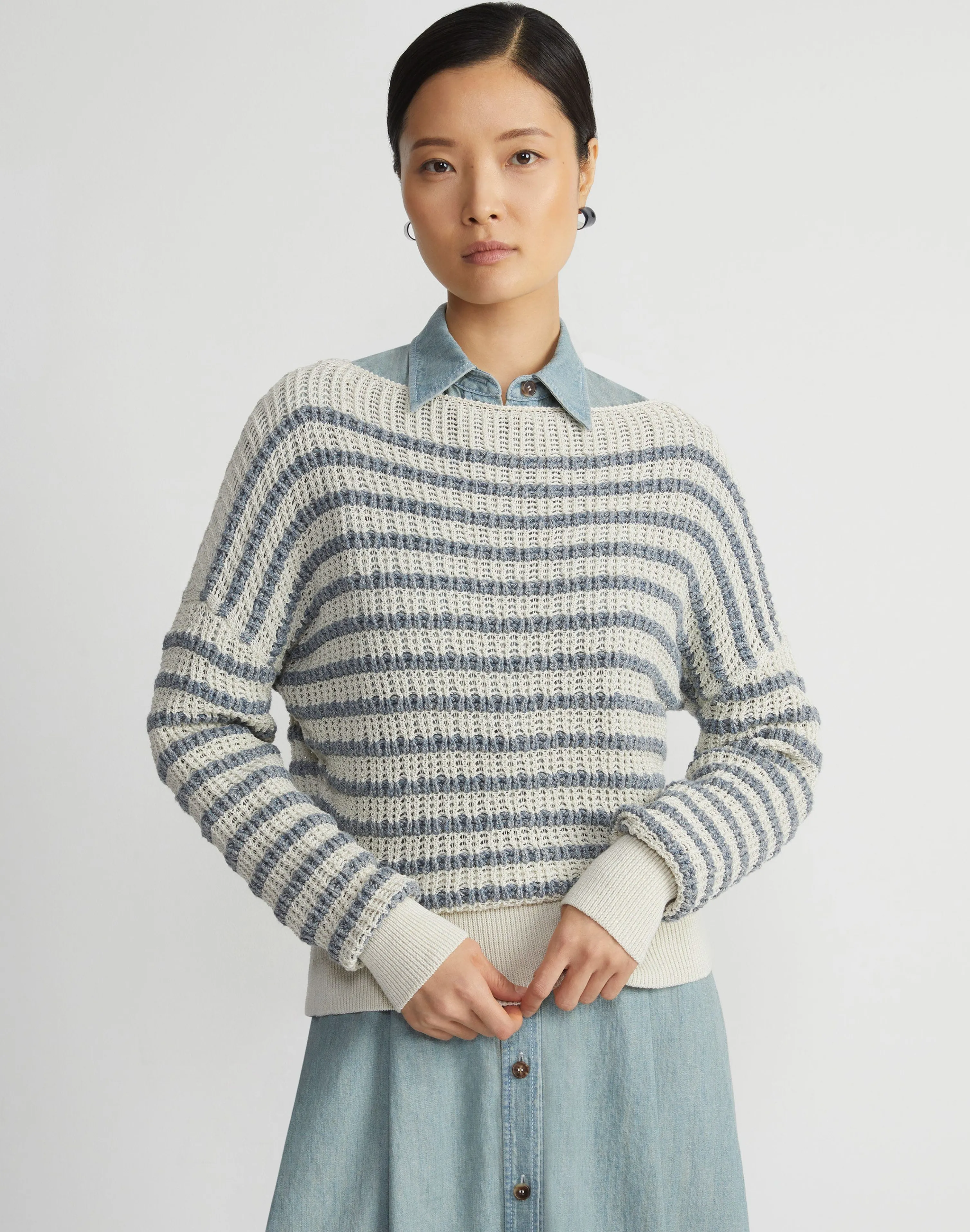 Stripe Organic Cotton & Denim Yarn Bateau Sweater