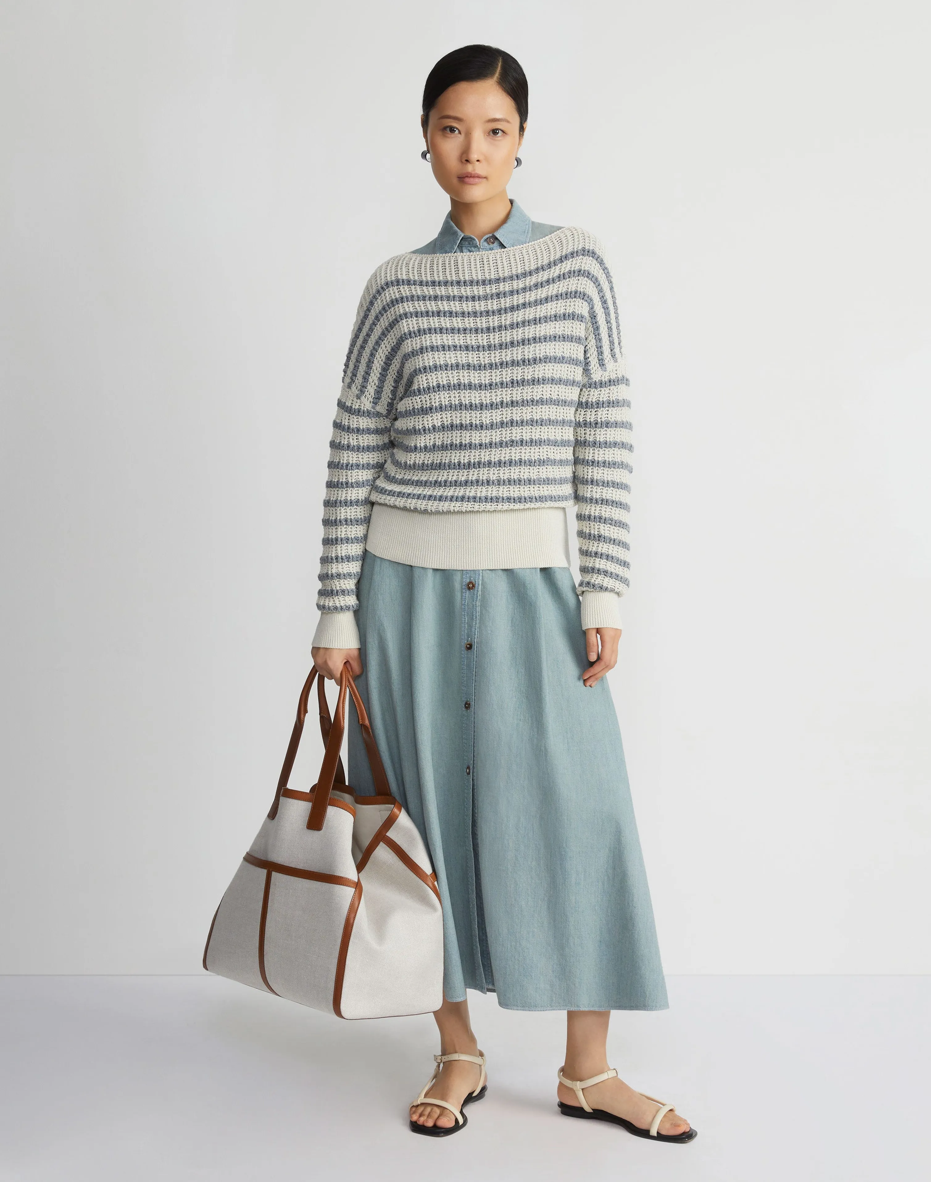 Stripe Organic Cotton & Denim Yarn Bateau Sweater