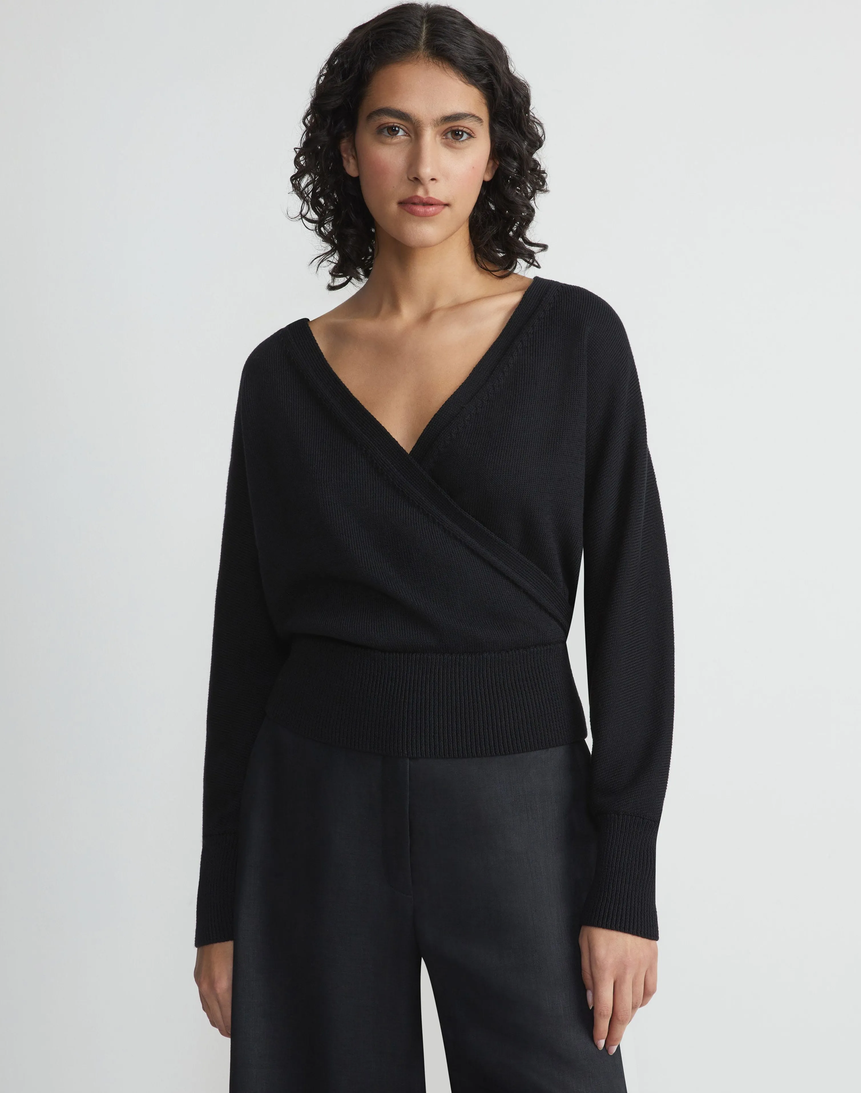 Cotton-Silk Surplice V-Neck Sweater
