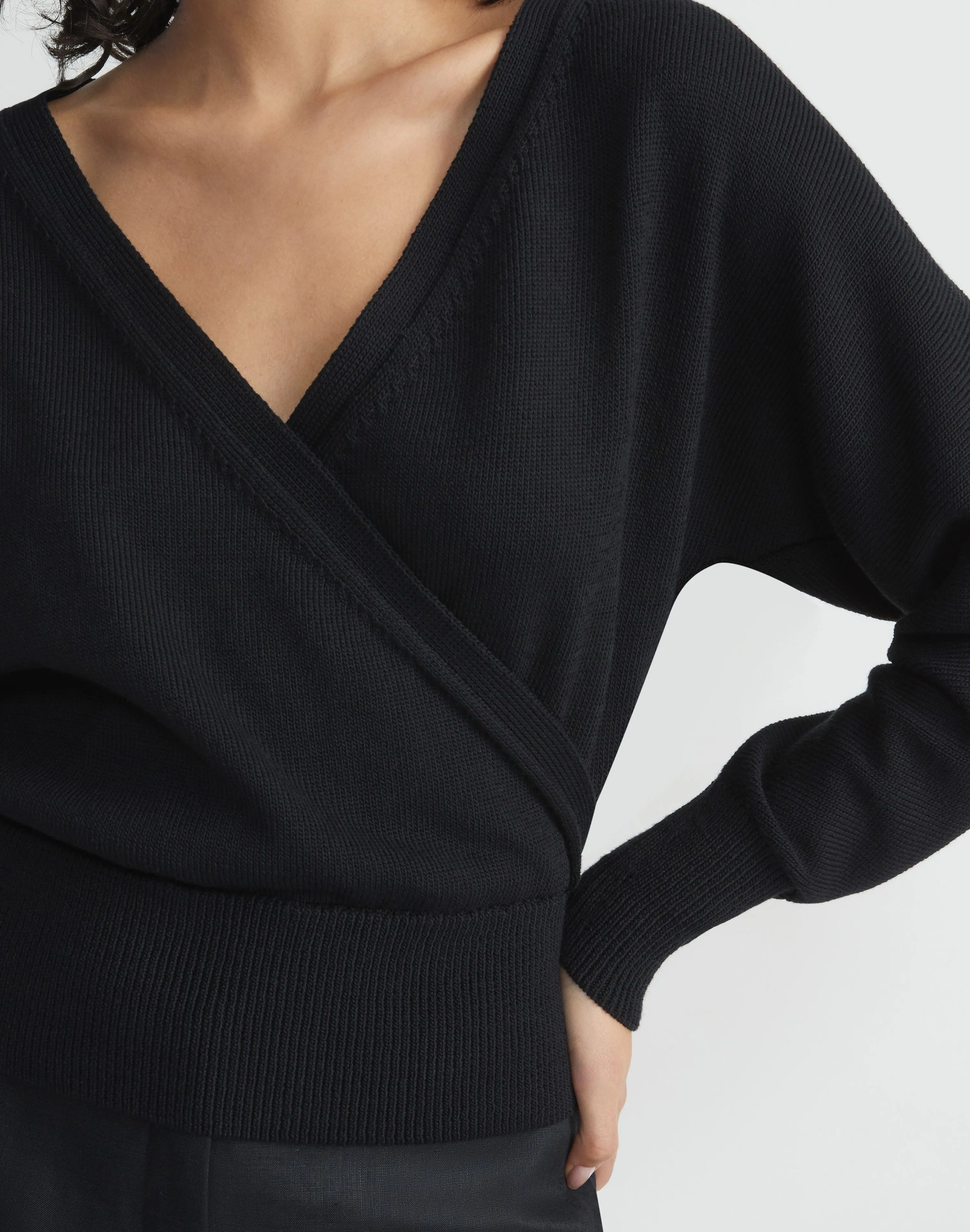 Cotton-Silk Surplice V-Neck Sweater