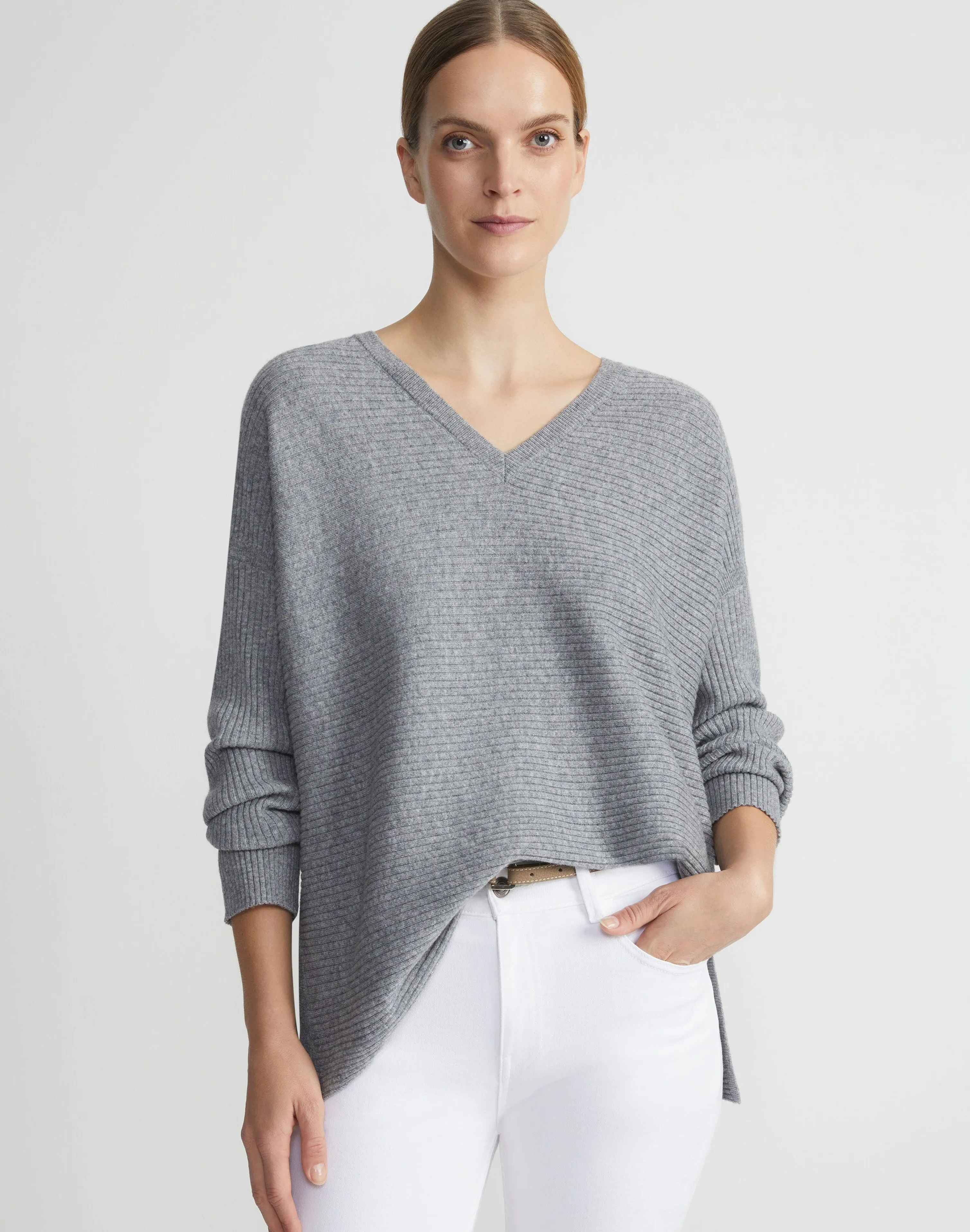 Wool-Cashmere Ribbed V-Neck Sweater