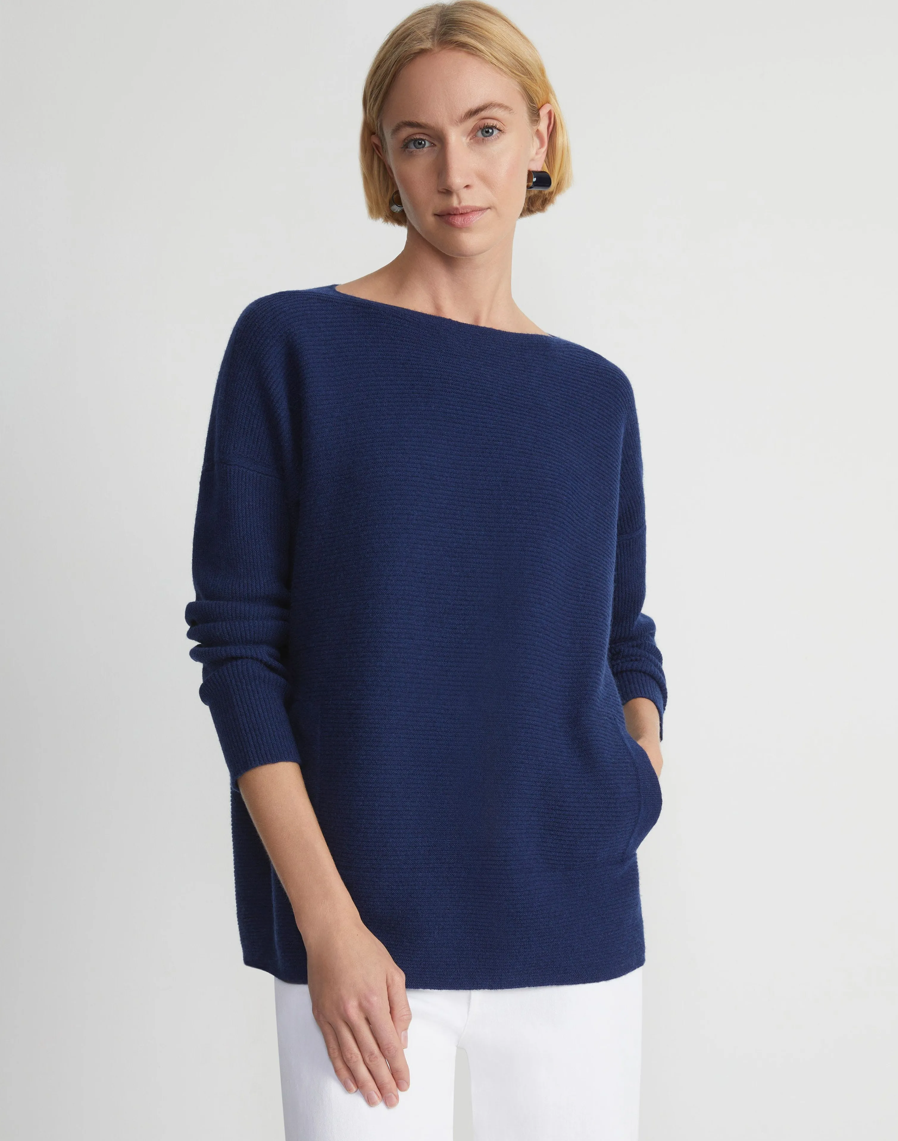 Wool-Cashmere Link Stitch Bateau Neck Sweater