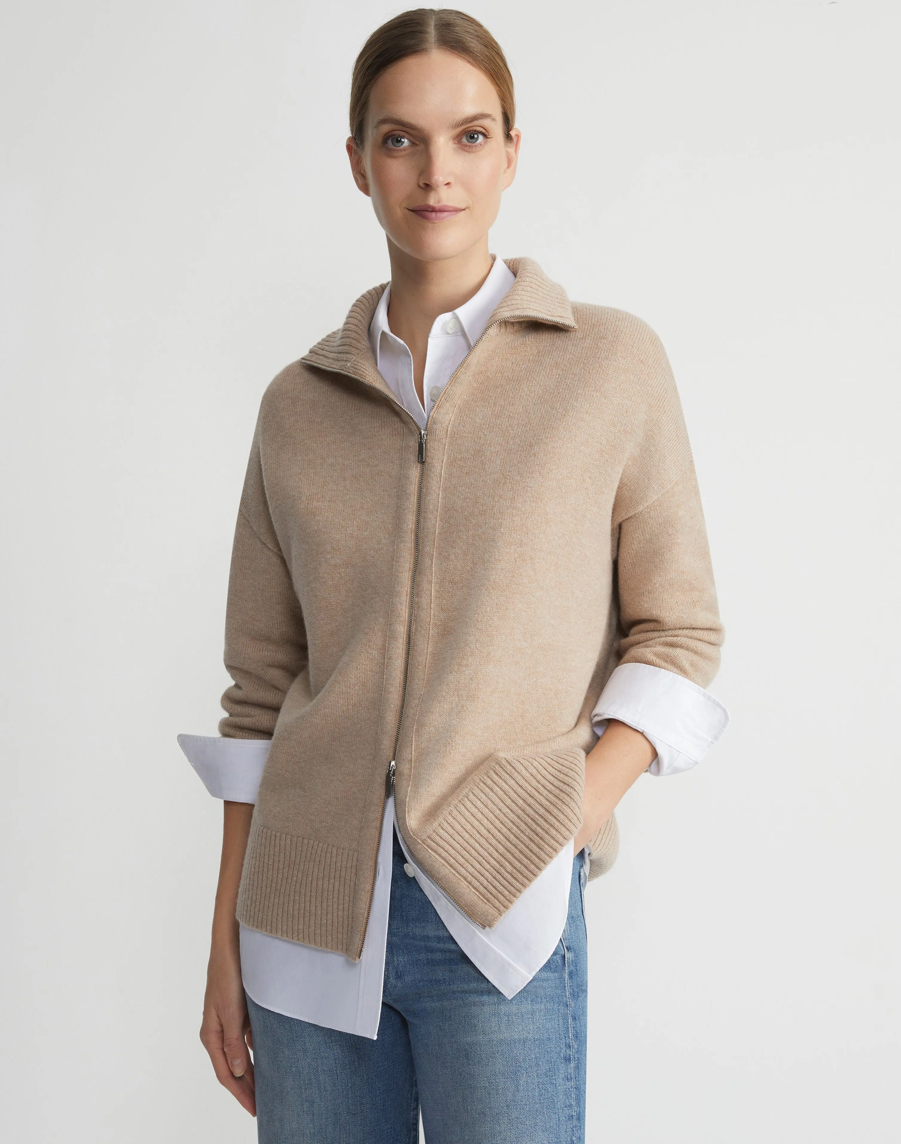 Wool-Cashmere Zip Front Cardigan