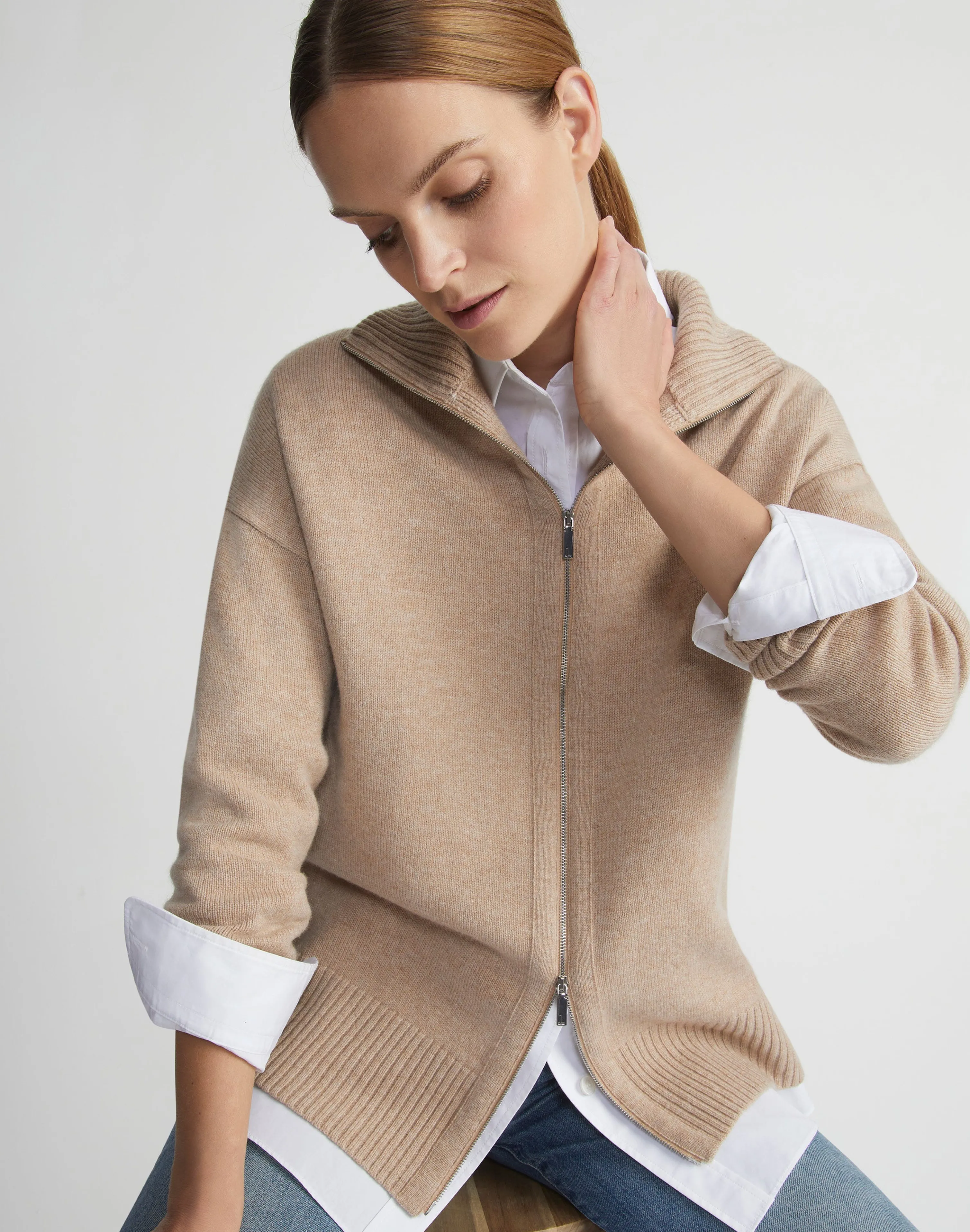 Wool-Cashmere Zip Front Cardigan
